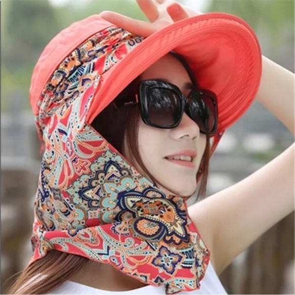 Accessories - Tangerine UV Protection Wide-Brimmed Sun Hat with Detachable Silk Scarf